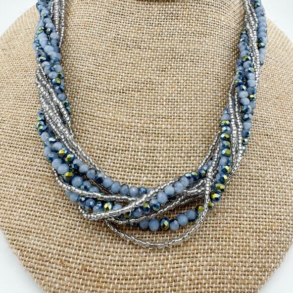 Premier Designs Necklace Layered Blue Aurora Borealis Seed Bead Strand Magnetic - Picture 2 of 10